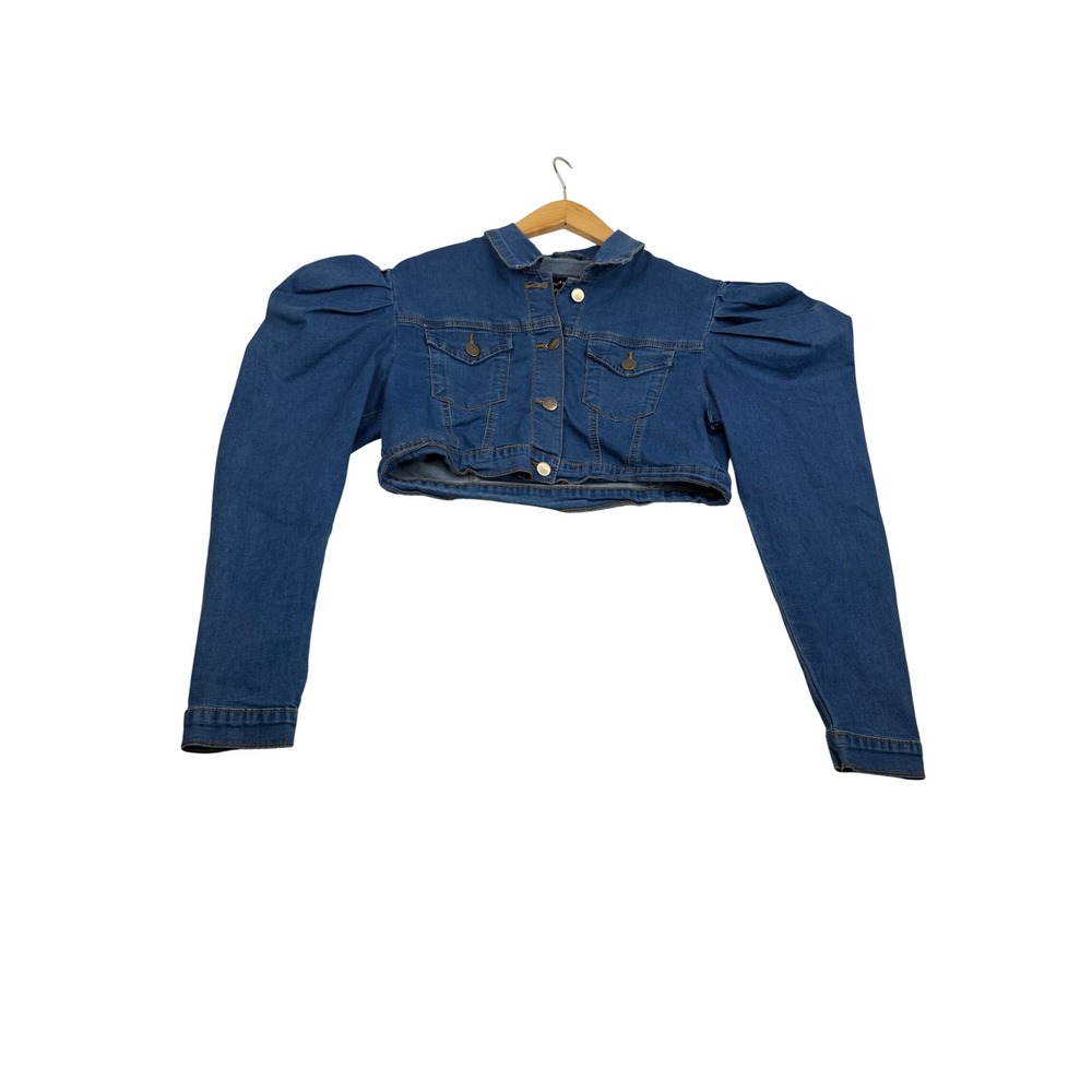 American Bazi Cropped Puff Shoulder Denim Jacket Blue Medium Wash RJK-30212 M